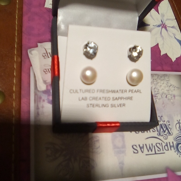 Pearl and Sapphire SS Pierced Stud Duo BNIB - Picture 2 of 14